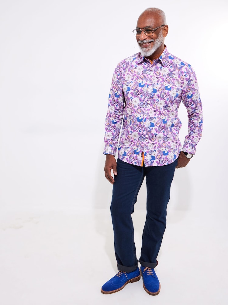 Joe Browns Purple Floral Paisley Long Sleeve 100% Cotton Shirt - Image 4 of 5