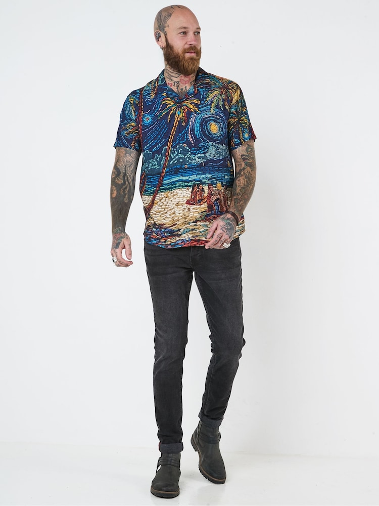 Joe Browns Blue Beach Mosaic Print Revere Collar Shirt - Image 1 of 5