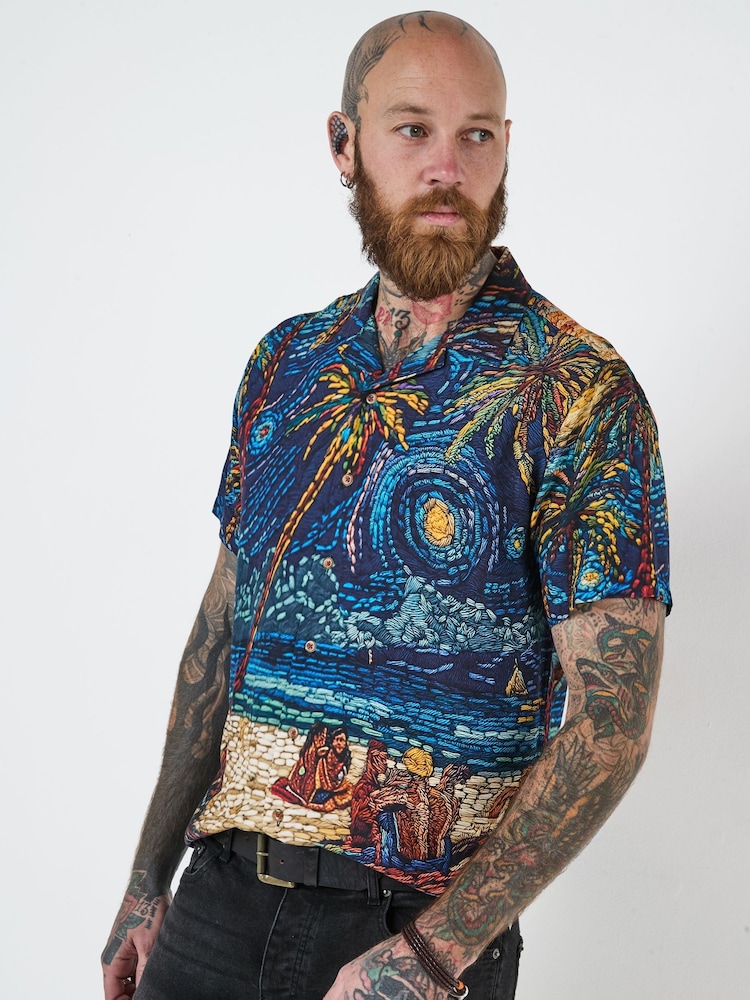 Joe Browns Blue Beach Mosaic Print Revere Collar Shirt - Image 2 of 5