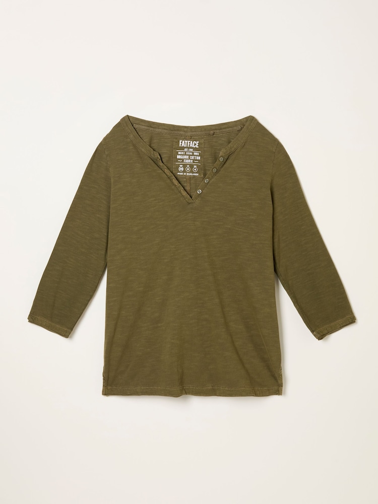 FatFace Aster Olive Green 3/4 Sleeve T Shirt - Image 1 of 1 FatFace Aster Olive Green 3/4 Sleeve T Shirt - Image 1 of 1