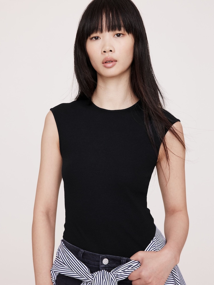 Banana Republic Black Ribbed Cap-Sleeve T-Shirt - Image 1 of 4