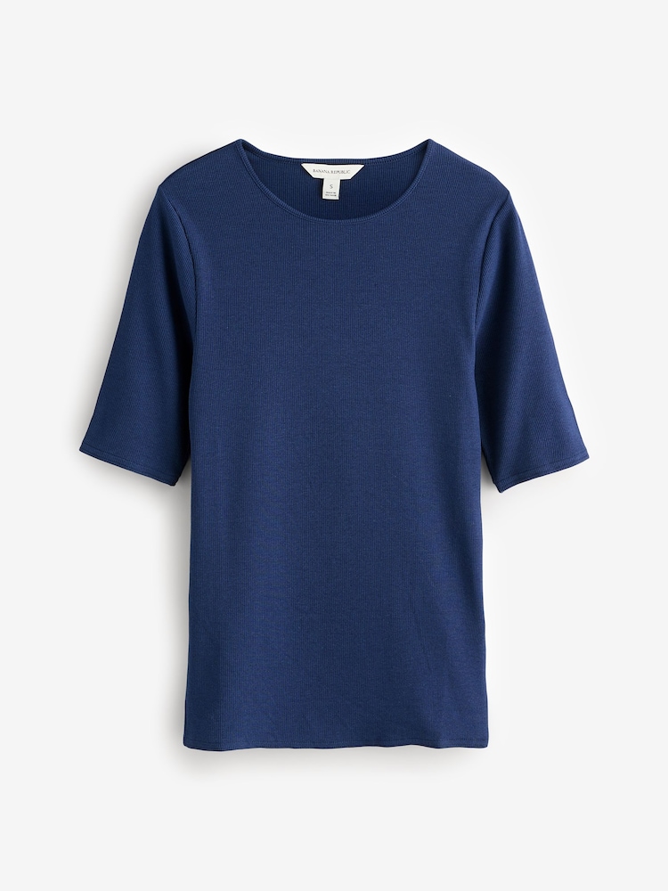 Banana Republic Navy Blue Ribbed Half-Sleeve T-Shirt - Image 1 of 4 Banana Republic Navy Blue Ribbed Half-Sleeve T-Shirt - Image 1 of 4