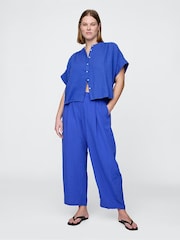 Gap Blue 100% Cotton Crinkle Gauze Easy Barrel Trousers - Image 5 of 11