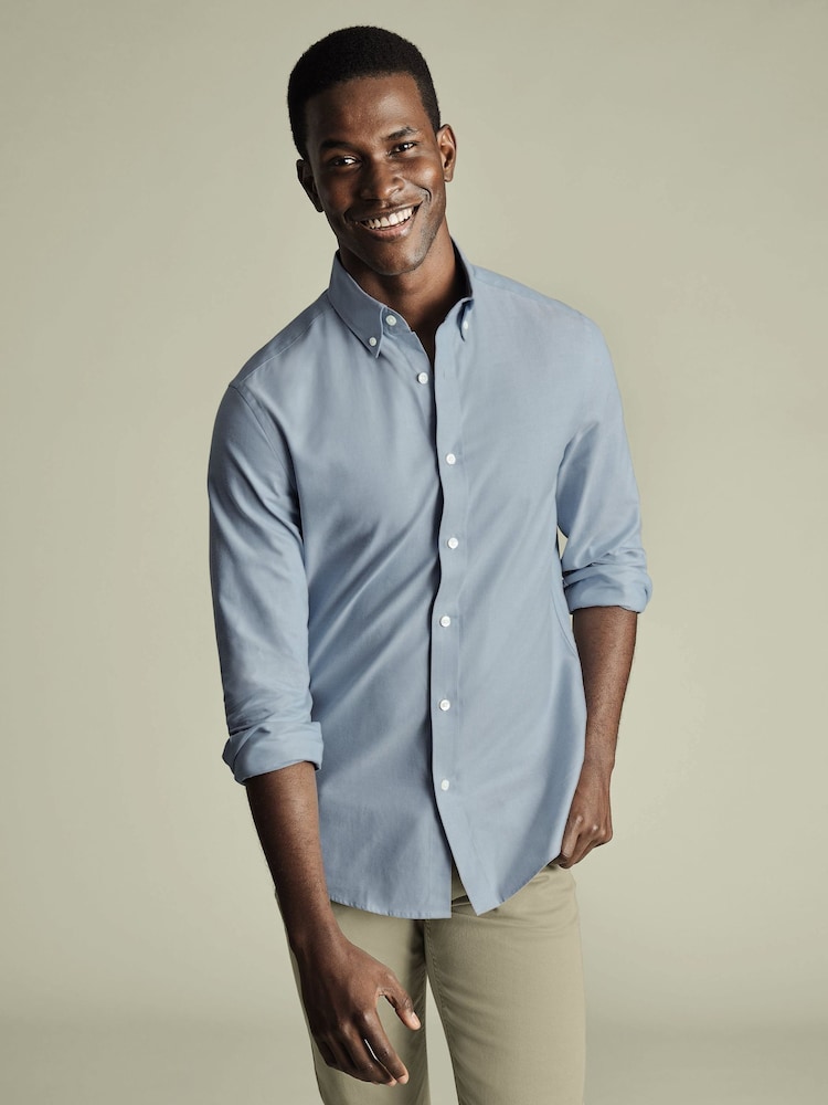 Charles Tyrwhitt Blue Slim Fit Plain Brushed Twill 100% Cotton Shirt - Image 2 of 7