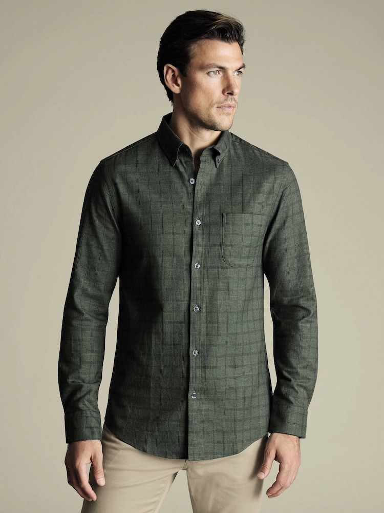 Charles Tyrwhitt Green Slim Fit Check Non-iron Twill 100% Cotton Shirt - Image 1 of 6