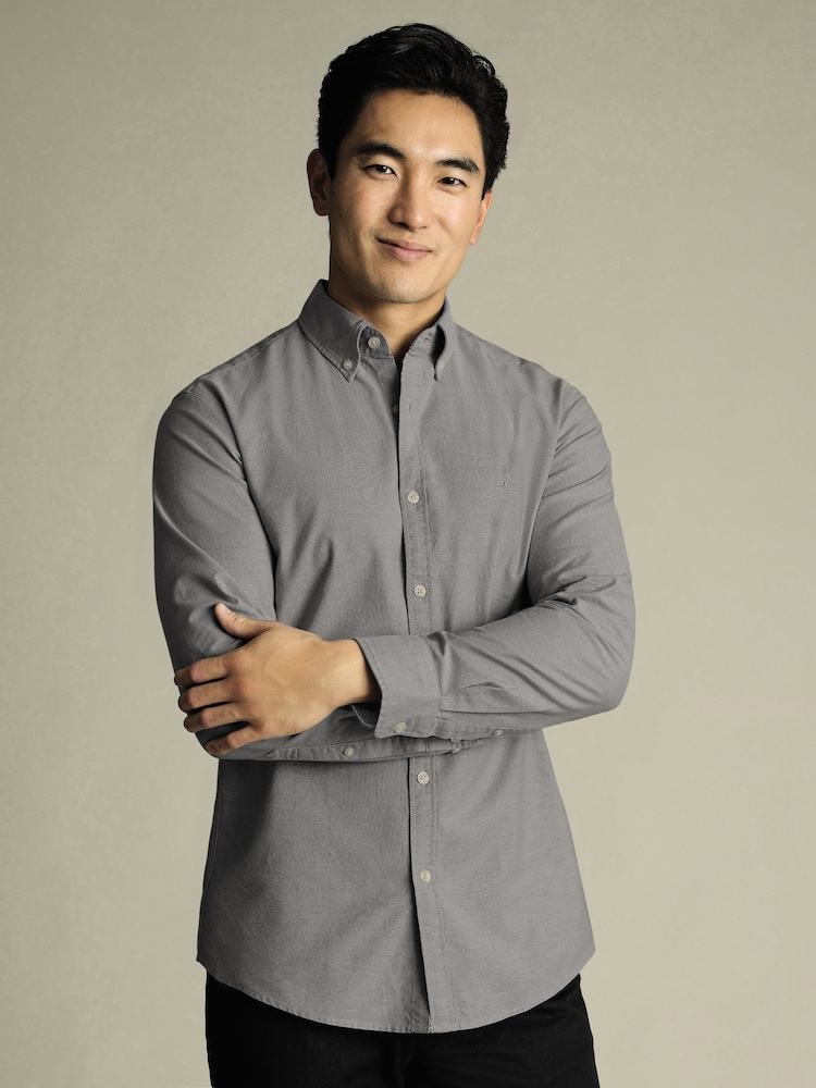 Charles Tyrwhitt Grey Classic Fit Plain Button Down Stretch Washed Oxford 100% Cotton Shirt - Image 1 of 7