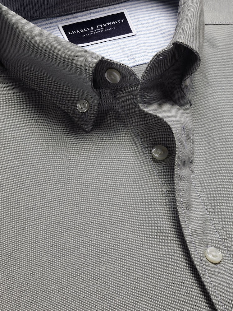 Charles Tyrwhitt Grey Slim Fit Plain Button Down Stretch Washed 100% Cotton Oxford Shirt - Image 7 of 7