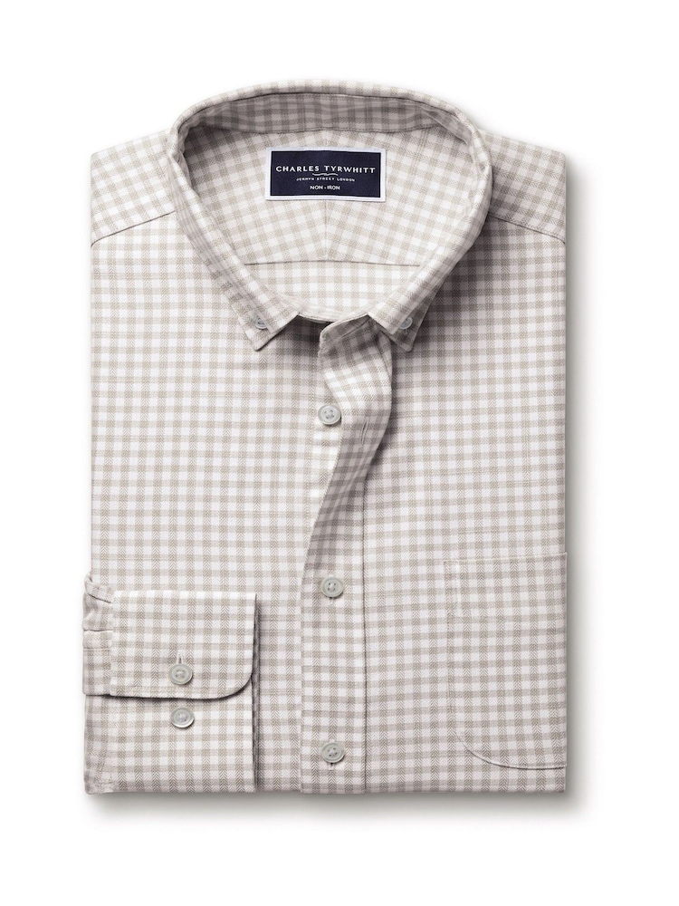 Charles Tyrwhitt Grey Slim Fit Check Non Iron Twill 100% Cotton Shirt - Image 5 of 7