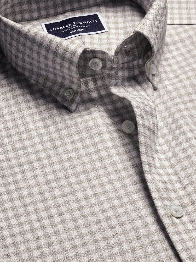 Charles Tyrwhitt Grey Slim Fit Check Non Iron Twill 100% Cotton Shirt - Image 6 of 7