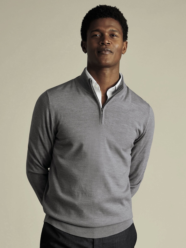 Charles Tyrwhitt Grey Merino Zip Neck Jumper - Image 1 of 5