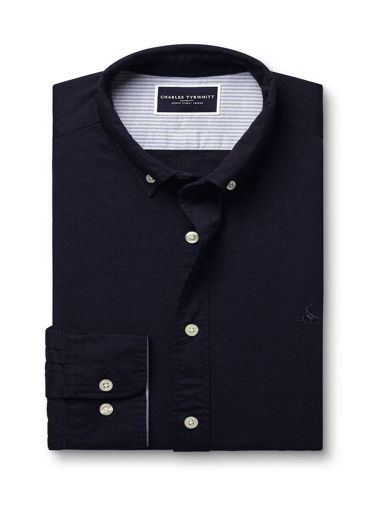 Charles Tyrwhitt Blue Slim Fit Plain Button Down Stretch Washed Oxford 100% Cotton Shirt - Image 2 of 4