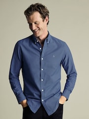 Charles Tyrwhitt Blue Slim Fit Plain Button Down Stretch Washed 100% Cotton Oxford Shirt - Image 1 of 6