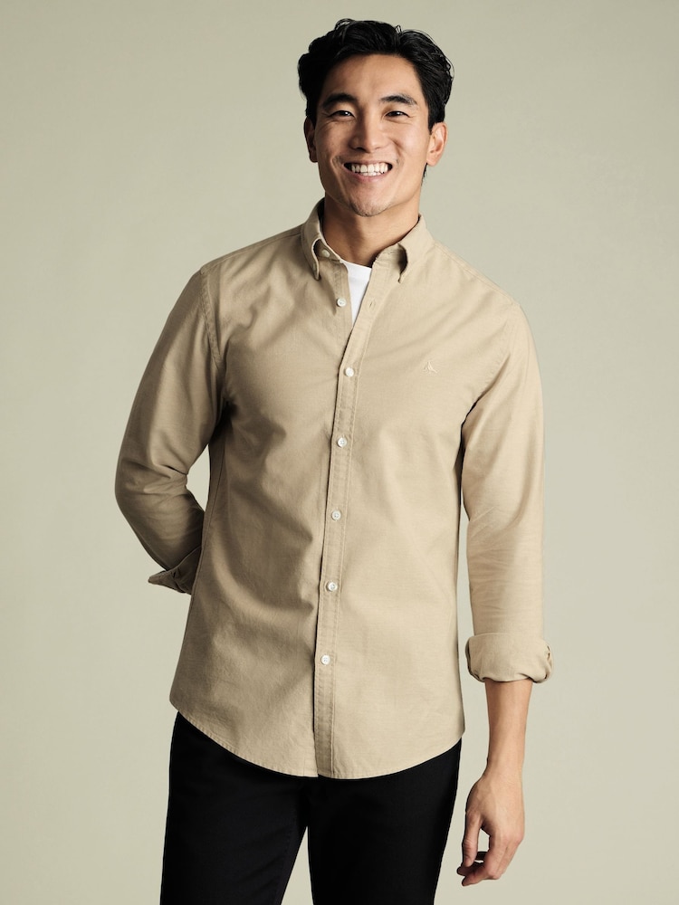 Charles Tyrwhitt Natural Classic Fit Plain Button Down Stretch Washed 100% Cotton Oxford Shirt - Image 1 of 7