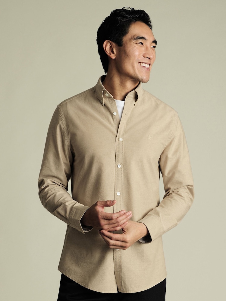 Charles Tyrwhitt Natural Classic Fit Plain Button Down Stretch Washed 100% Cotton Oxford Shirt - Image 2 of 7