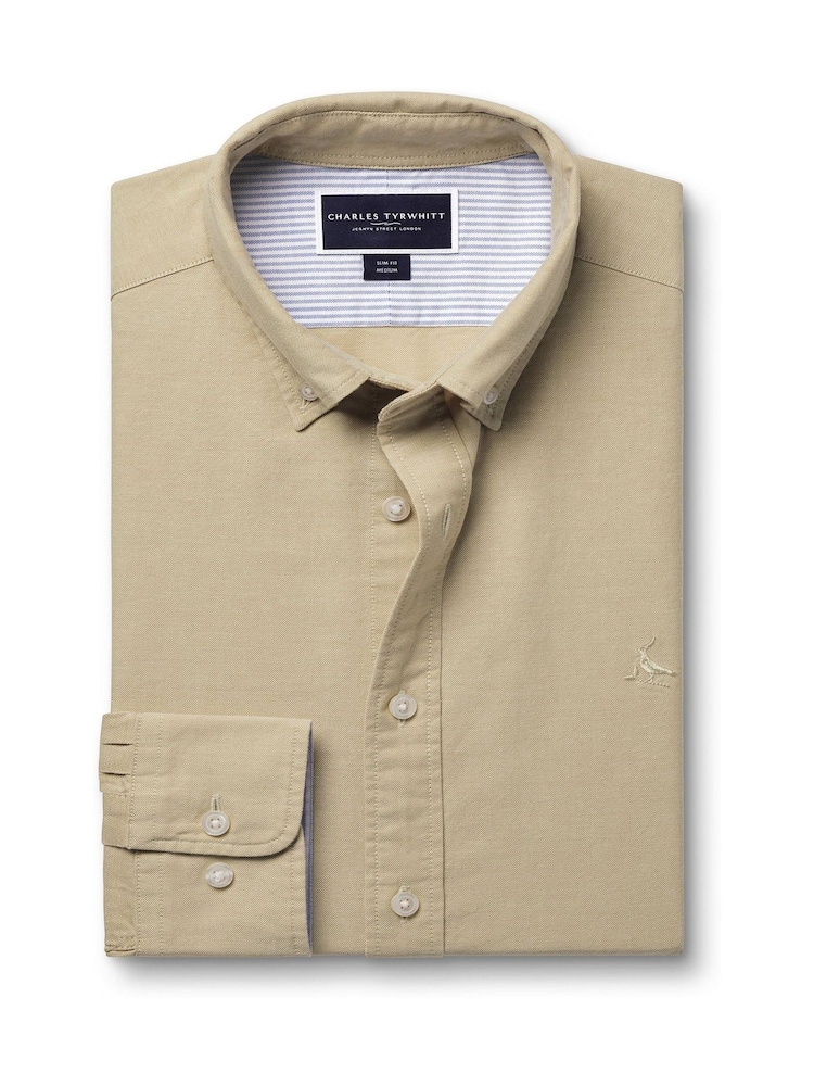 Charles Tyrwhitt Natural Slim Fit Plain Button Down Stretch Washed Oxford 100% Cotton Shirt - Image 5 of 7