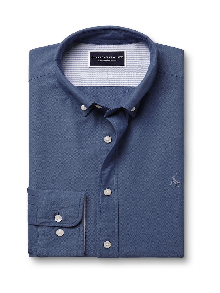 Charles Tyrwhitt Blue Extra Slim Fit Plain Button Down Stretch Washed 100% Cotton Oxford Shirt - Image 4 of 6