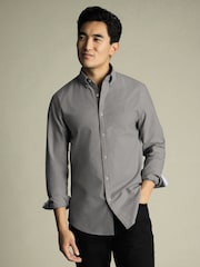 Charles Tyrwhitt Grey Extra Slim Fit Plain Button Down Stretch Washed 100% Cotton Oxford Shirt - Image 1 of 7