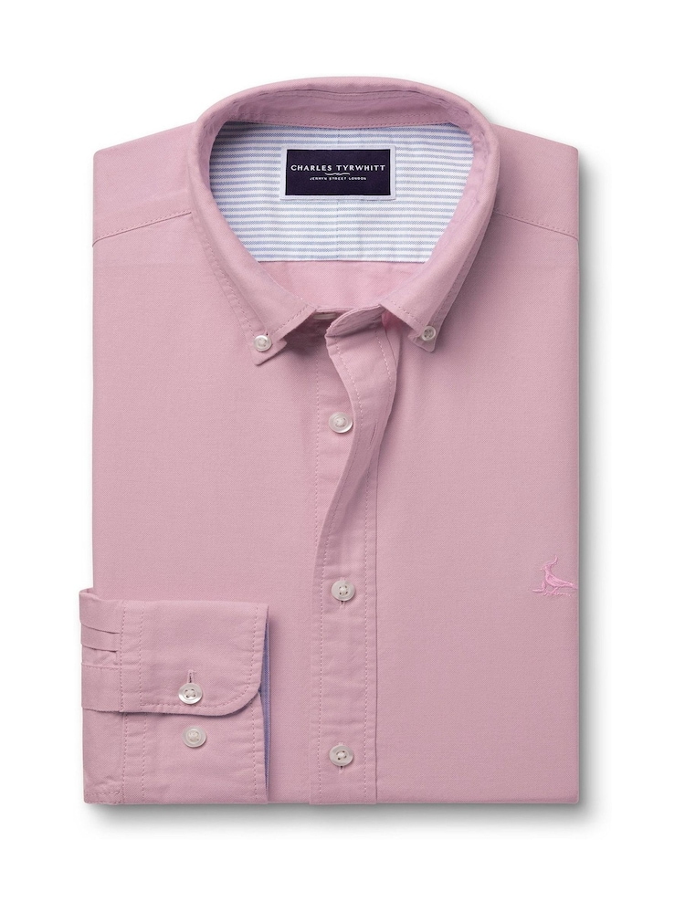 Charles Tyrwhitt Pink Extra Slim Fit Plain Button Down Stretch Washed 100% Cotton Oxford Shirt - Image 4 of 6