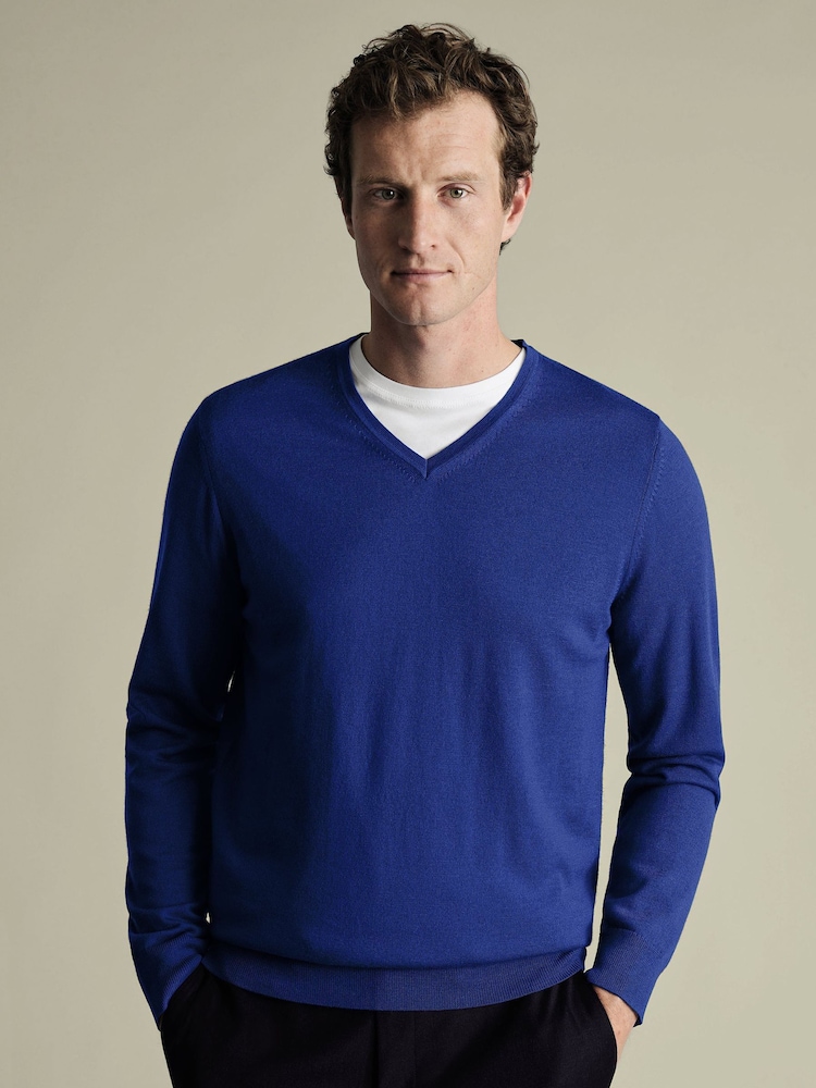 Charles Tyrwhitt Blue Merino V-Neck Jumper - Image 1 of 5