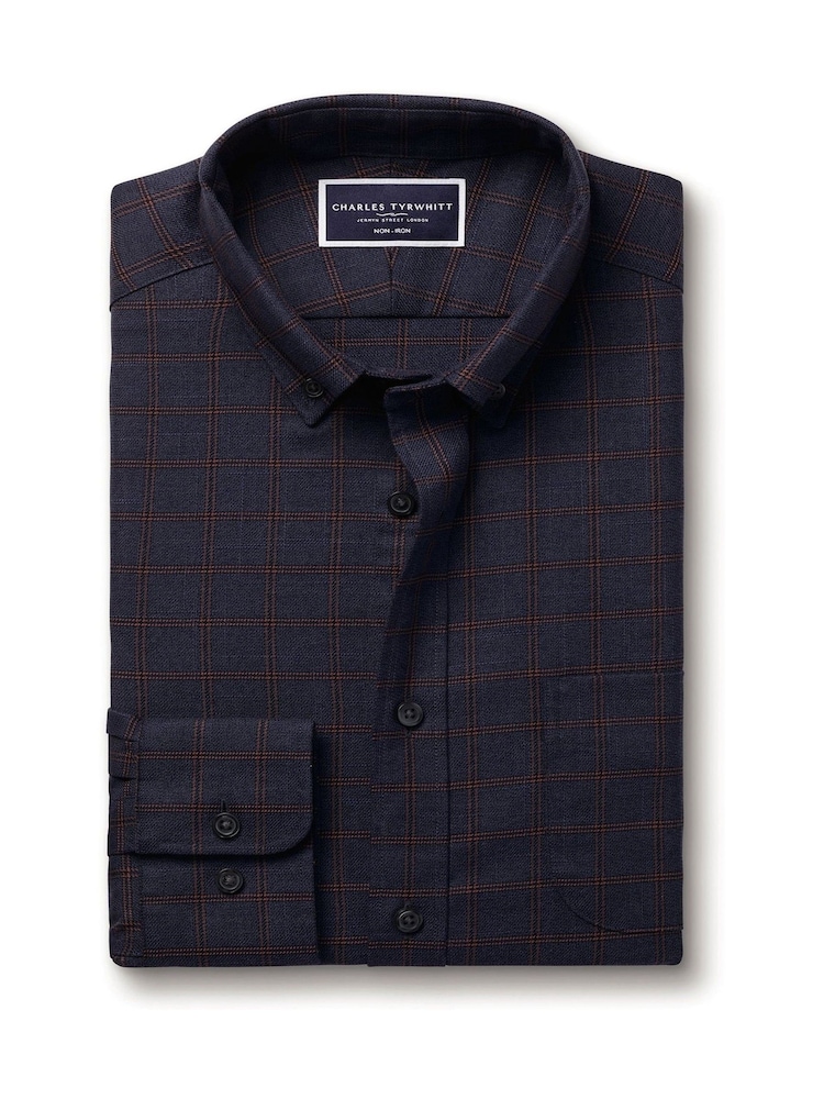 Charles Tyrwhitt Blue Slim Fit Check Non Iron Twill 100% Cotton Shirt - Image 5 of 7