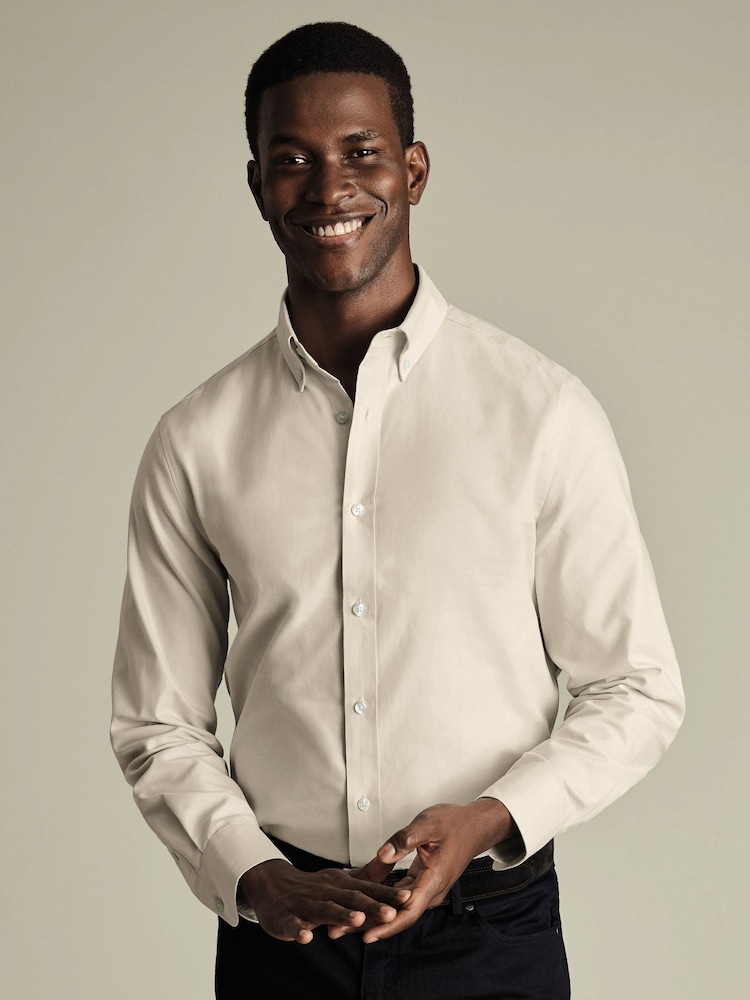 Charles Tyrwhitt Natural Slim Fit Plain Brushed 100% Cotton Twill Shirt - Image 1 of 7
