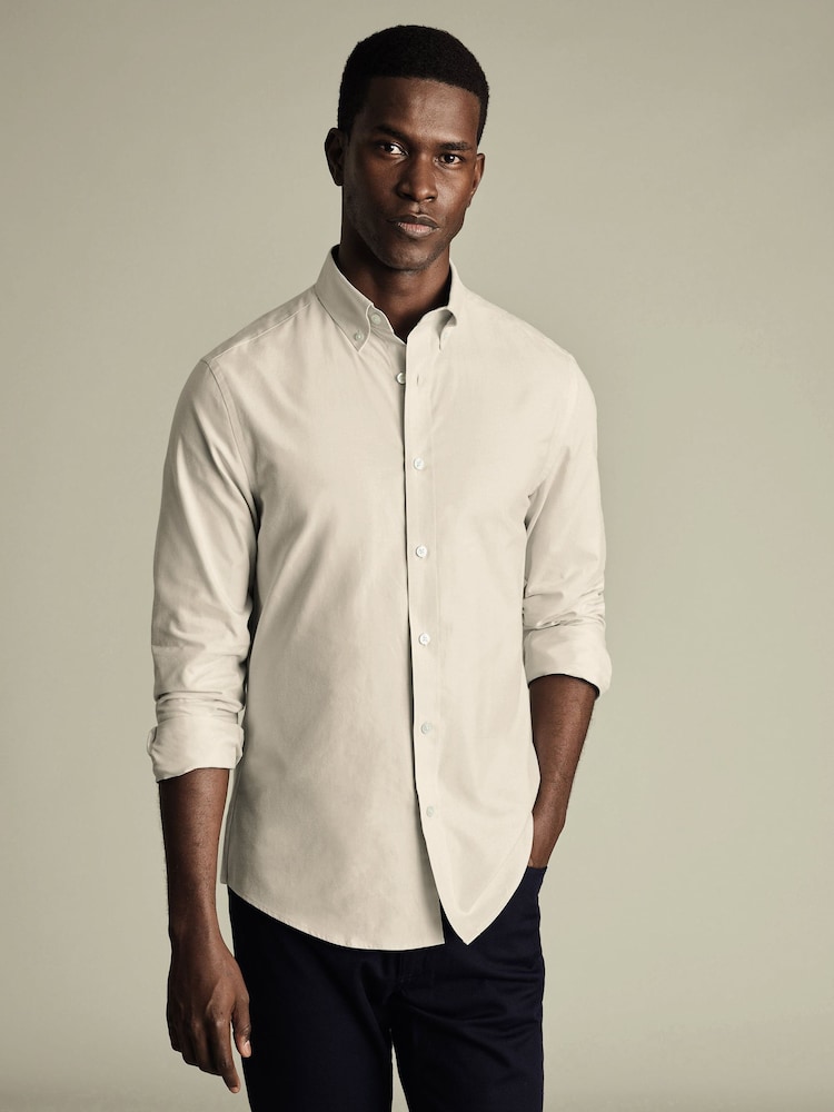 Charles Tyrwhitt Natural Slim Fit Plain Brushed 100% Cotton Twill Shirt - Image 2 of 7