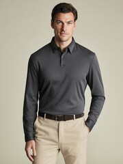 Charles Tyrwhitt Grey Plain Long Sleeve Jersey Smart 100% Cotton Polo Shirt - Image 1 of 6