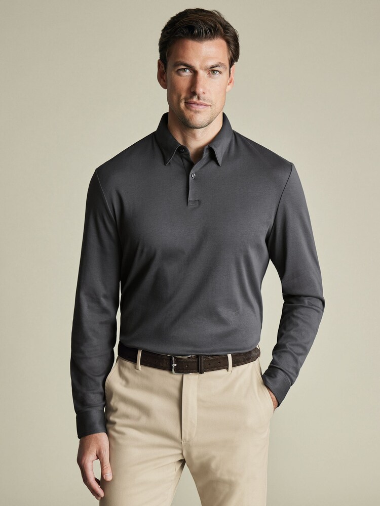 Charles Tyrwhitt Grey Plain Long Sleeve Jersey Smart 100% Cotton Polo Shirt - Image 1 of 6