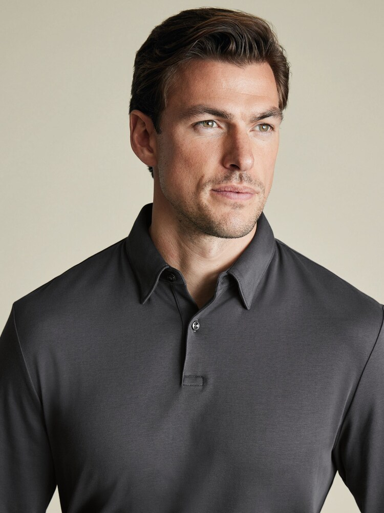 Charles Tyrwhitt Grey Plain Long Sleeve Jersey Smart 100% Cotton Polo Shirt - Image 2 of 6