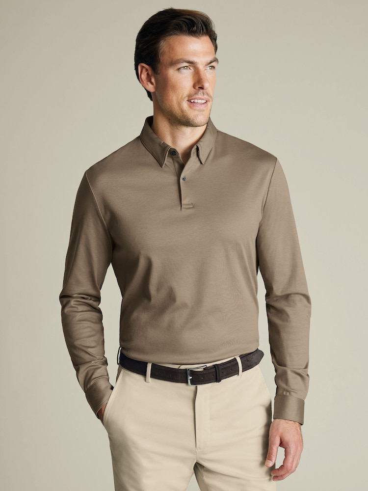 Charles Tyrwhitt Brown Plain Long Sleeve Jersey Smart 100% Cotton Polo Shirt - Image 1 of 5 Charles Tyrwhitt Brown Plain Long Sleeve Jersey Smart 100% Cotton Polo Shirt - Image 1 of 5
