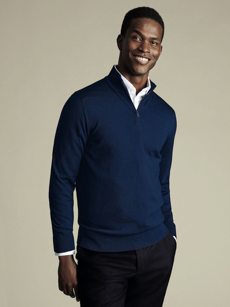 Charles Tyrwhitt Blue Merino Zip Neck Jumper - Image 1 of 5