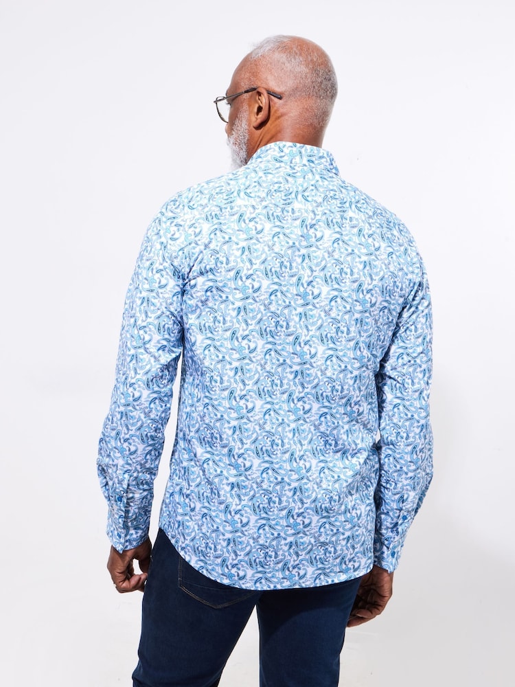 Joe Browns Blue Paisley Print Long Sleeve 100% Cotton Shirt - Image 4 of 5