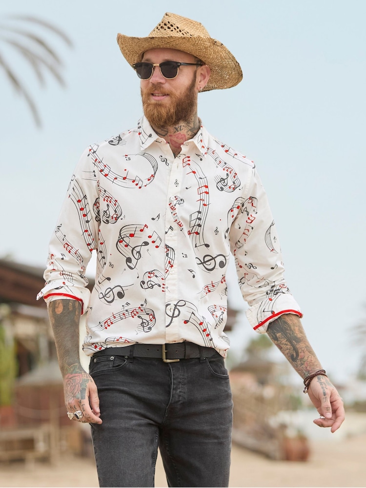 Joe Browns White Music Note Print Long Sleeve 100% Cotton Shirt - Image 1 of 7