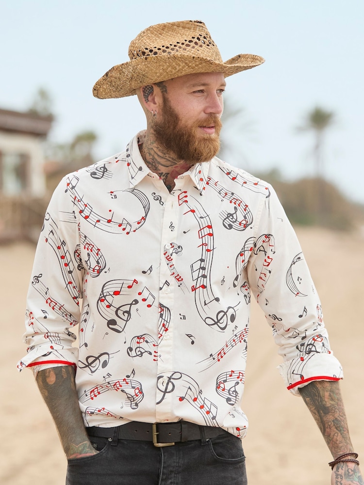 Joe Browns White Music Note Print Long Sleeve 100% Cotton Shirt - Image 2 of 7