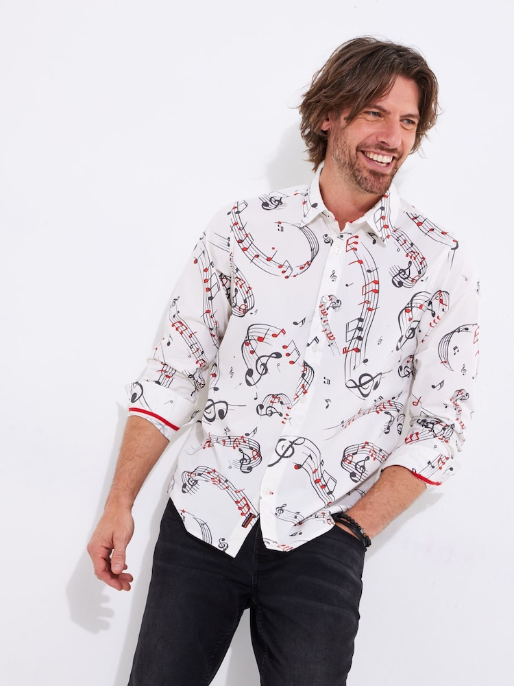 Joe Browns White Music Note Print Long Sleeve 100% Cotton Shirt - Image 3 of 7
