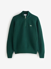 Lacoste Green High Zip Neck Thick Rib Knit Wool Sweater - Image 1 of 3