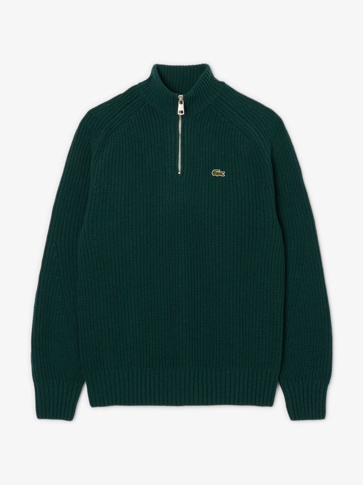 Lacoste Green High Zip Neck Thick Rib Knit Wool Sweater - Image 2 of 3