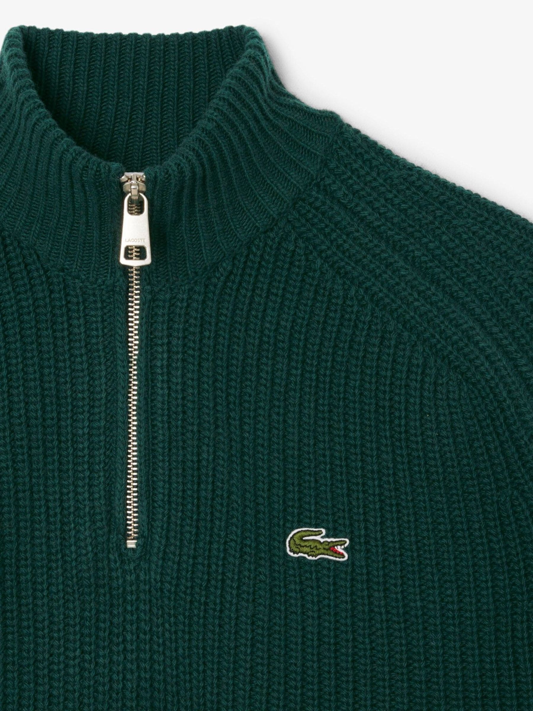 Buy Lacoste Green High Zip Neck Thick Rib Knit Wool Sweater from