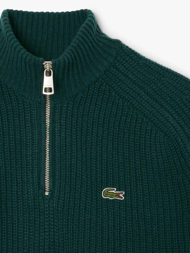 Lacoste Green High Zip Neck Thick Rib Knit Wool Sweater - Image 3 of 3
