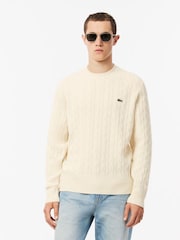 Lacoste Cream Carded Wool Cable Knit Crew Neck Sweater - Image 1 of 6