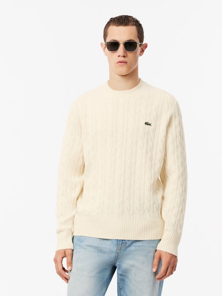 Lacoste Cream Carded Wool Cable Knit Crew Neck Sweater - Image 1 of 6