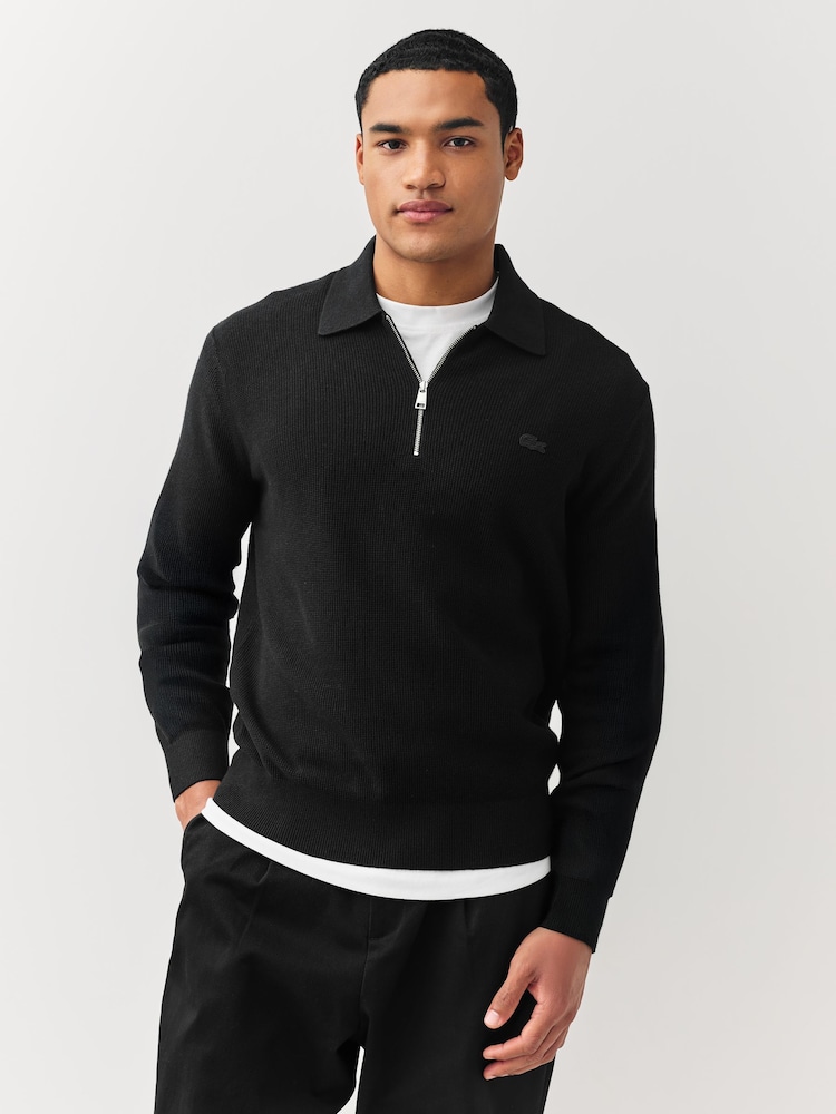 Lacoste Black Cotton and Wool Blend Half Zip Polo Sweater - Image 1 of 4
