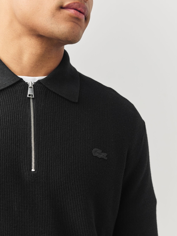 Lacoste Black Cotton and Wool Blend Half Zip Polo Sweater - Image 4 of 4
