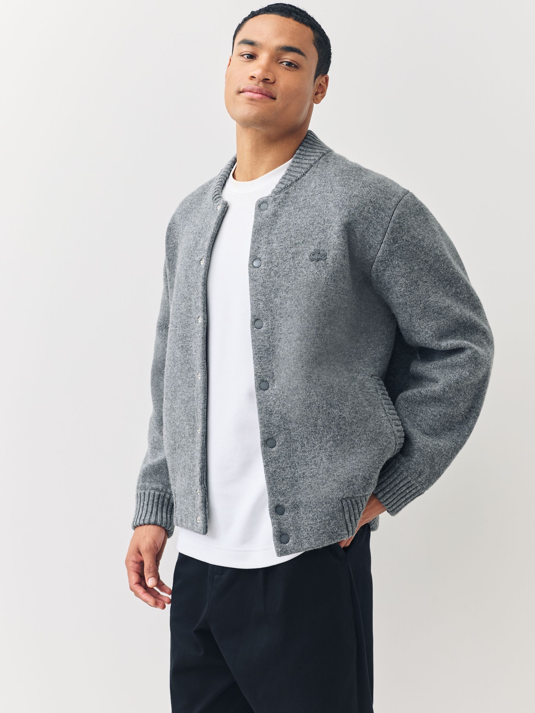 Buy Lacoste Grey Bomber Style Double Face Wool Blend Cardigan from