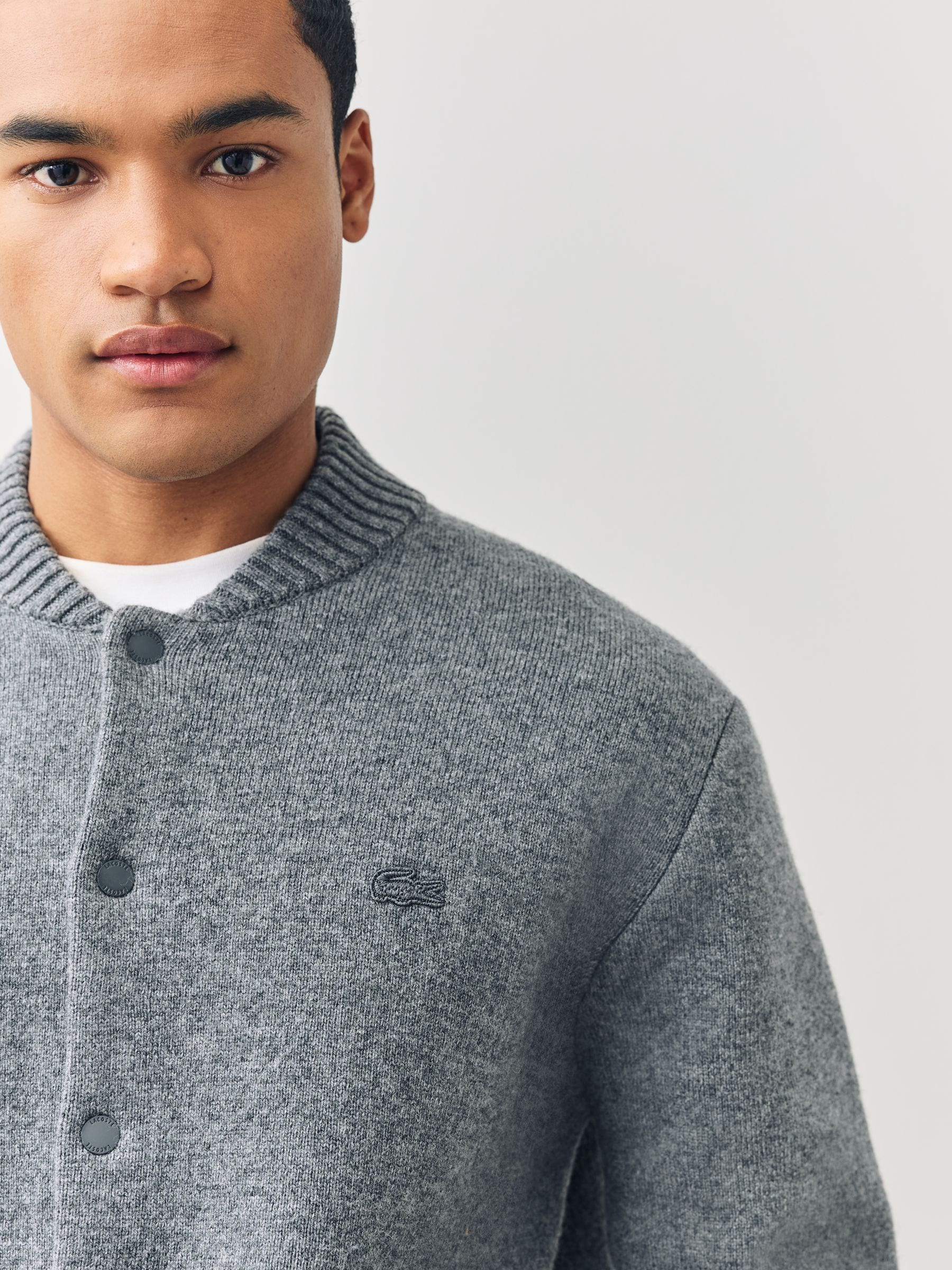 Buy Lacoste Grey Bomber Style Double Face Wool Blend Cardigan from