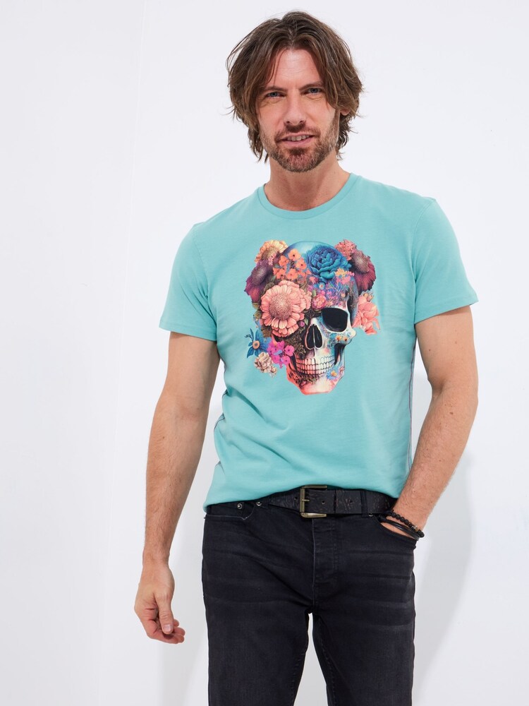 Joe Browns Blue Skull and Floral Graphic Print 100% Cotton T-Shirt - Image 1 of 5