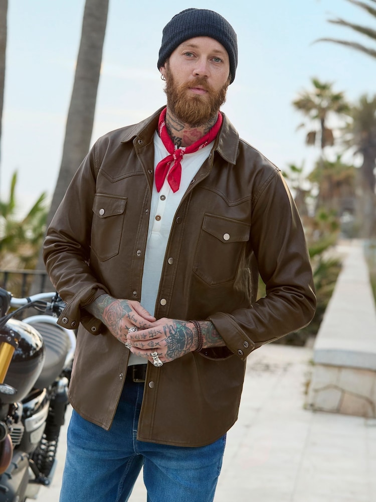 Joe Browns Brown Vintage Western Leather Shirt - Image 1 of 7