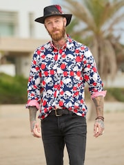 Joe Browns Blue Rose Skull Print Long Sleeve 100% Cotton Shirt - Image 1 of 7