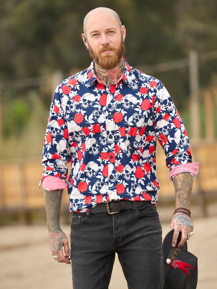 Joe Browns Blue Rose Skull Print Long Sleeve 100% Cotton Shirt - Image 2 of 7
