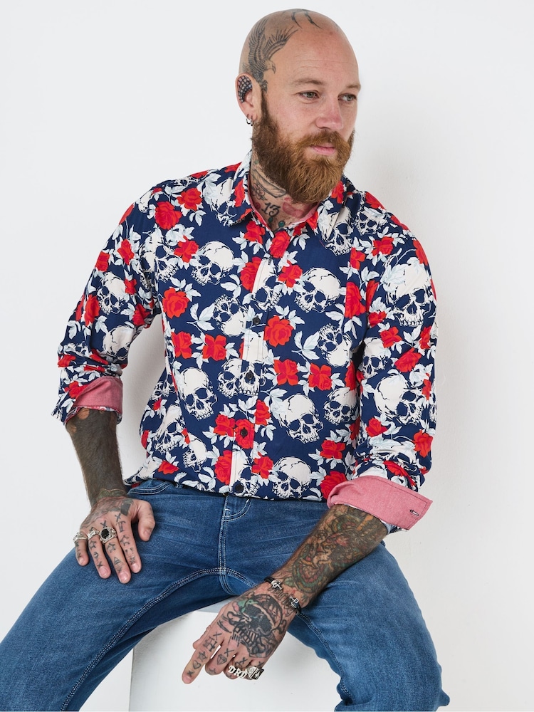 Joe Browns Blue Rose Skull Print Long Sleeve 100% Cotton Shirt - Image 3 of 7